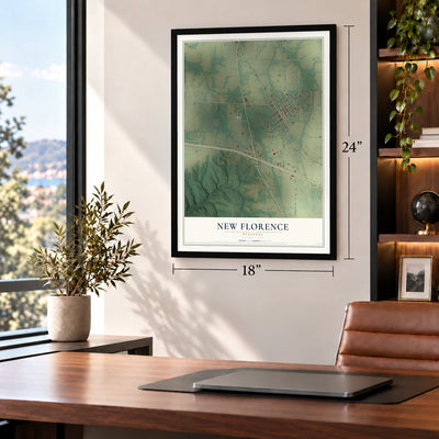 New Florence, Missouri map, 18 x 24 inch print in a black frame in a home office