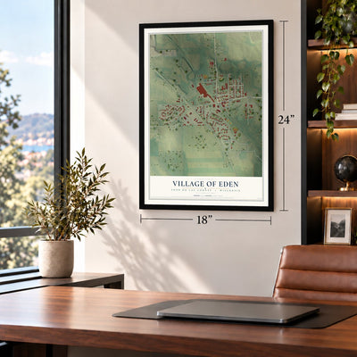 Eden, Wisconsin map, 18 x 24 inch print in a black frame in a home office