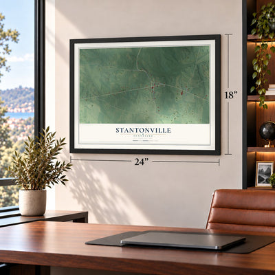 Stantonville, Tennessee map, 18 x 24 inch print in a black frame in a home office