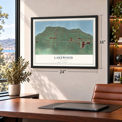 Lakewood, New York map, 18 x 24 inch print in a black frame in a home office