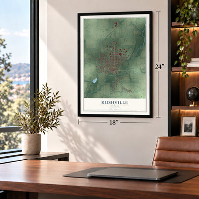 Rushville, Indiana map, 18 x 24 inch print in a black frame in a home office