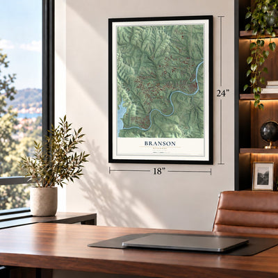 Branson, Missouri map, 18 x 24 inch print in a black frame in a home office
