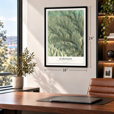 Harrison, Potter County, Pennsylvania map, 18 x 24 inch print in a black frame in a home office