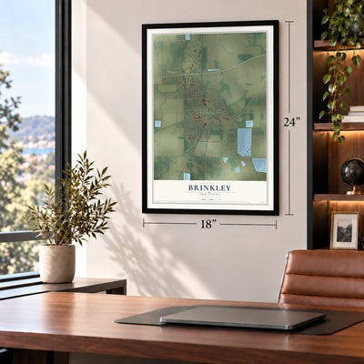 Brinkley, Arkansas map, 18 x 24 inch print in a black frame in a home office