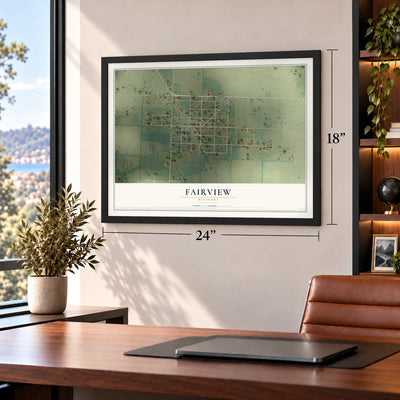 Fairview, Missouri map, 18 x 24 inch print in a black frame in a home office