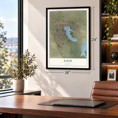 Baker, Montana map, 18 x 24 inch print in a black frame in a home office