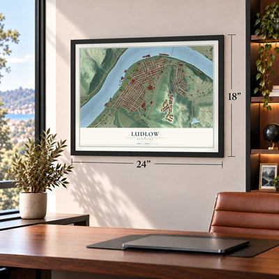 Ludlow, Kentucky map, 18 x 24 inch print in a black frame in a home office