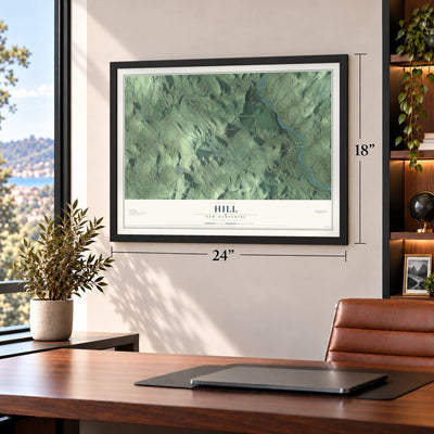 Hill, New Hampshire map, 18 x 24 inch print in a black frame in a home office