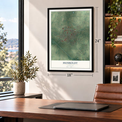 Humboldt, Tennessee map, 18 x 24 inch print in a black frame in a home office