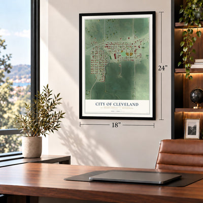 Cleveland, Minnesota map, 18 x 24 inch print in a black frame in a home office