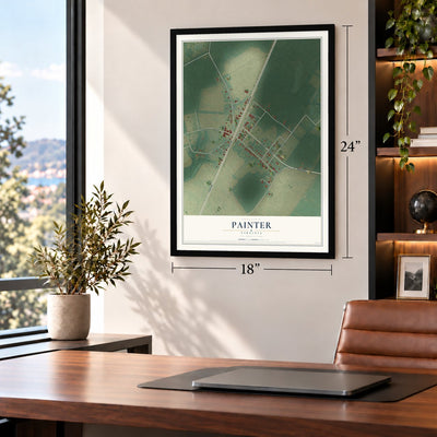 Painter, Virginia map, 18 x 24 inch print in a black frame in a home office