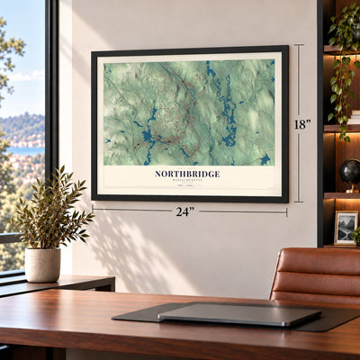 Northbridge, Massachusetts map, 18 x 24 inch print in a black frame in a home office
