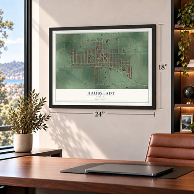Haubstadt, Indiana map, 18 x 24 inch print in a black frame in a home office