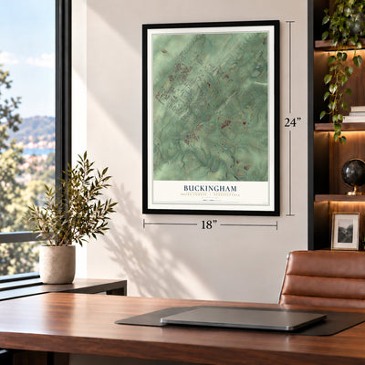 Buckingham, Bucks County, Pennsylvania map, 18 x 24 inch print in a black frame in a home office