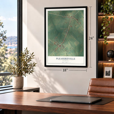 Pleasureville, Kentucky map, 18 x 24 inch print in a black frame in a home office