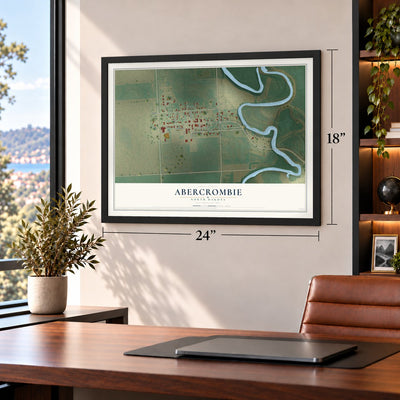 Abercrombie, North Dakota map, 18 x 24 inch print in a black frame in a home office