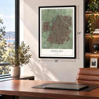 Santa Ana, California map, 18 x 24 inch print in a black frame in a home office