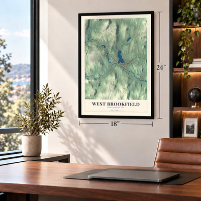 West Brookfield, Massachusetts map, 18 x 24 inch print in a black frame in a home office