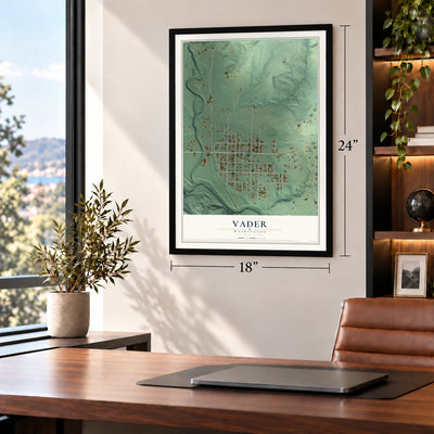 Vader, Washington map, 18 x 24 inch print in a black frame in a home office