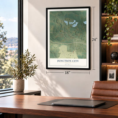 Junction City, Georgia map, 18 x 24 inch print in a black frame in a home office