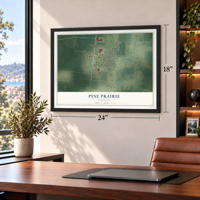Pine Prairie, Louisiana map, 18 x 24 inch print in a black frame in a home office