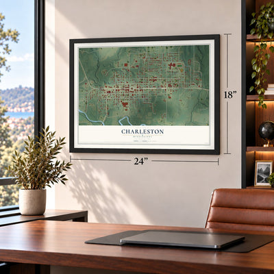 Charleston, Mississippi map, 18 x 24 inch print in a black frame in a home office