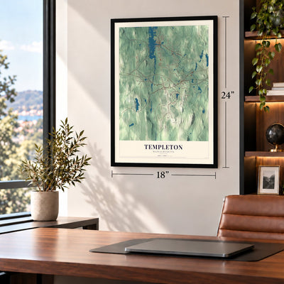 Templeton, Massachusetts map, 18 x 24 inch print in a black frame in a home office