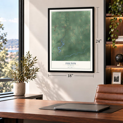 Fulton, Michigan map, 18 x 24 inch print in a black frame in a home office