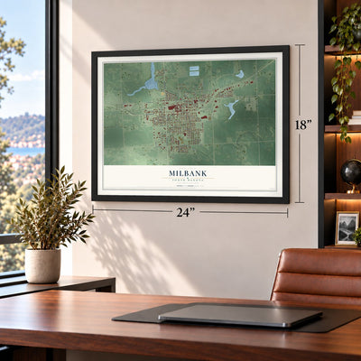 Milbank, South Dakota map, 18 x 24 inch print in a black frame in a home office