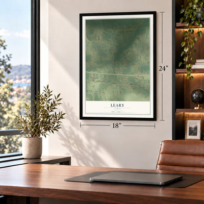 Leary, Texas map, 18 x 24 inch print in a black frame in a home office