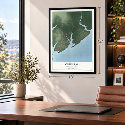 Oriental, North Carolina map, 18 x 24 inch print in a black frame in a home office
