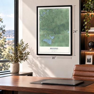 Brooks, Michigan map, 18 x 24 inch print in a black frame in a home office