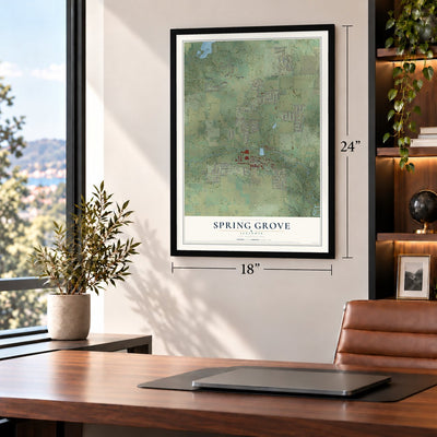 Spring Grove, Illinois map, 18 x 24 inch print in a black frame in a home office