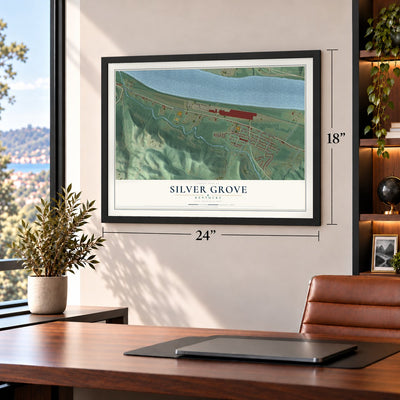 Silver Grove, Kentucky map, 18 x 24 inch print in a black frame in a home office