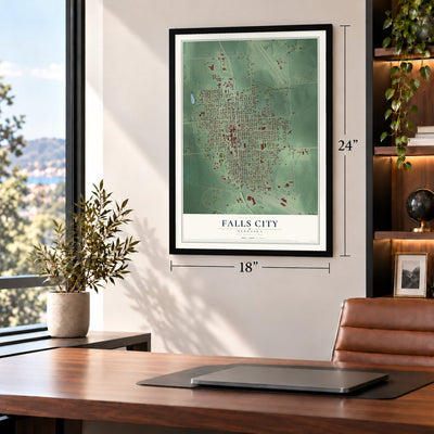 Falls City, Nebraska map, 18 x 24 inch print in a black frame in a home office