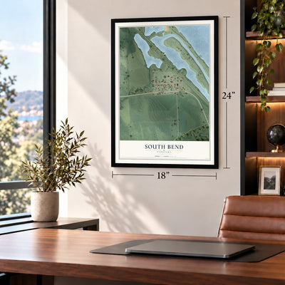South Bend, Nebraska map, 18 x 24 inch print in a black frame in a home office