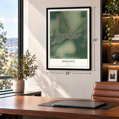 Burgoon, Ohio map, 18 x 24 inch print in a black frame in a home office