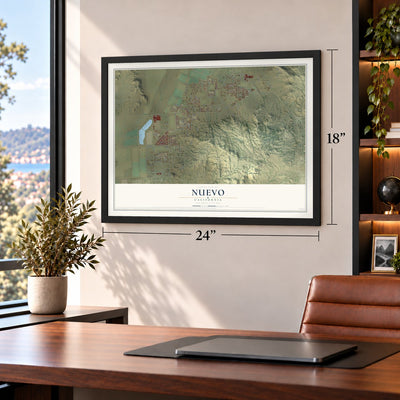 Nuevo, California map, 18 x 24 inch print in a black frame in a home office