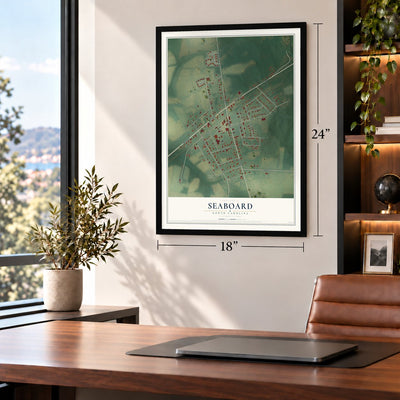 Seaboard, North Carolina map, 18 x 24 inch print in a black frame in a home office