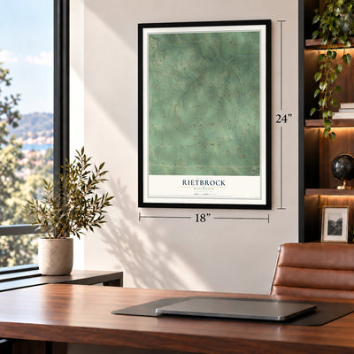 Rietbrock, Wisconsin map, 18 x 24 inch print in a black frame in a home office