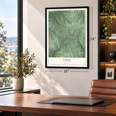 Lyles, Tennessee map, 18 x 24 inch print in a black frame in a home office