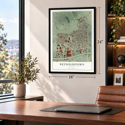 Reynoldstown, Georgia map, 18 x 24 inch print in a black frame in a home office