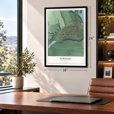 Newport, Washington map, 18 x 24 inch print in a black frame in a home office