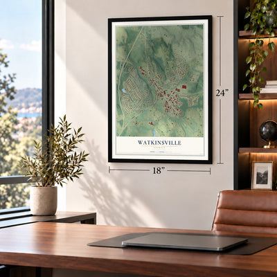 Watkinsville, Georgia map, 18 x 24 inch print in a black frame in a home office