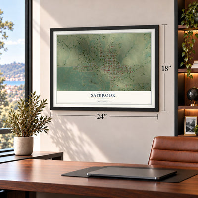 Saybrook, Illinois map, 18 x 24 inch print in a black frame in a home office