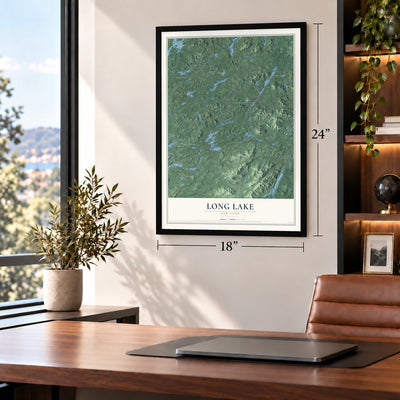 Long Lake, New York map, 18 x 24 inch print in a black frame in a home office