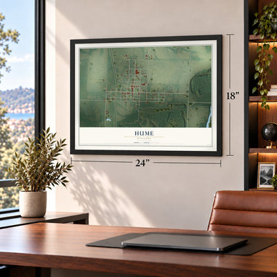 Hume, Missouri map, 18 x 24 inch print in a black frame in a home office