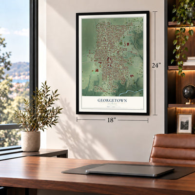 Georgetown, Illinois map, 18 x 24 inch print in a black frame in a home office