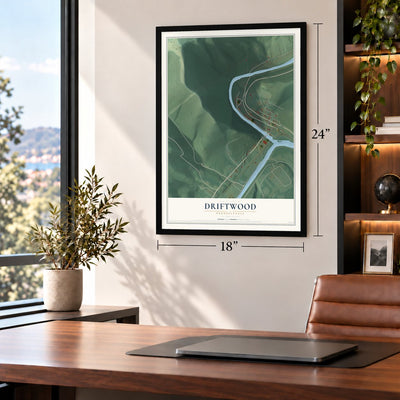 Driftwood, Pennsylvania map, 18 x 24 inch print in a black frame in a home office