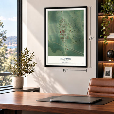 Dawson, Nebraska map, 18 x 24 inch print in a black frame in a home office